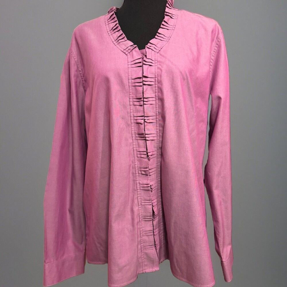 Orvis Blouse 18 Womens Button Up Shirt Ruffle Neck Iridescent Pink Purple Office